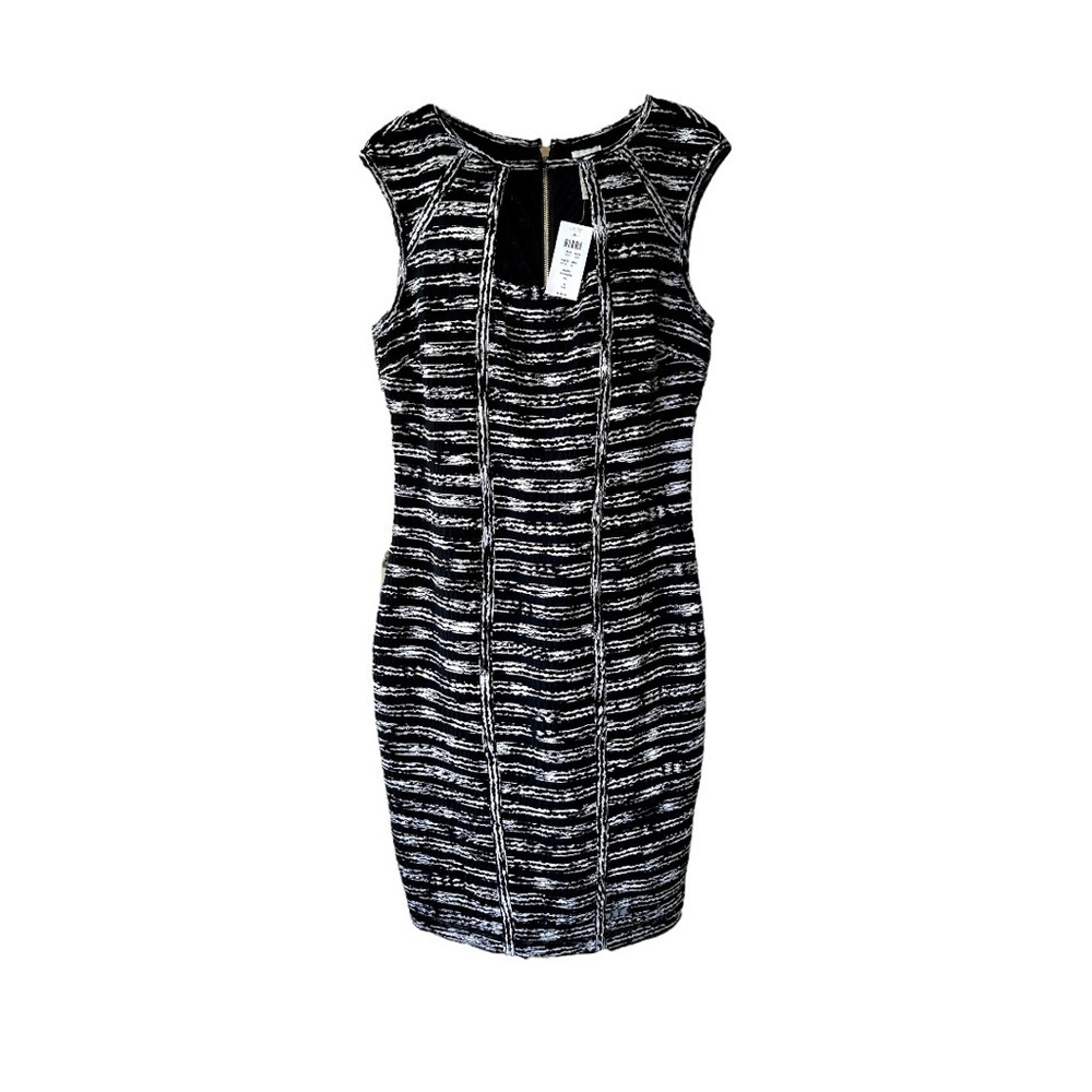 CACHE, NWT, WOMENS SLIMMING, SHEATH DRESS. BLACK/WHITE STRIPE. SIZE 12